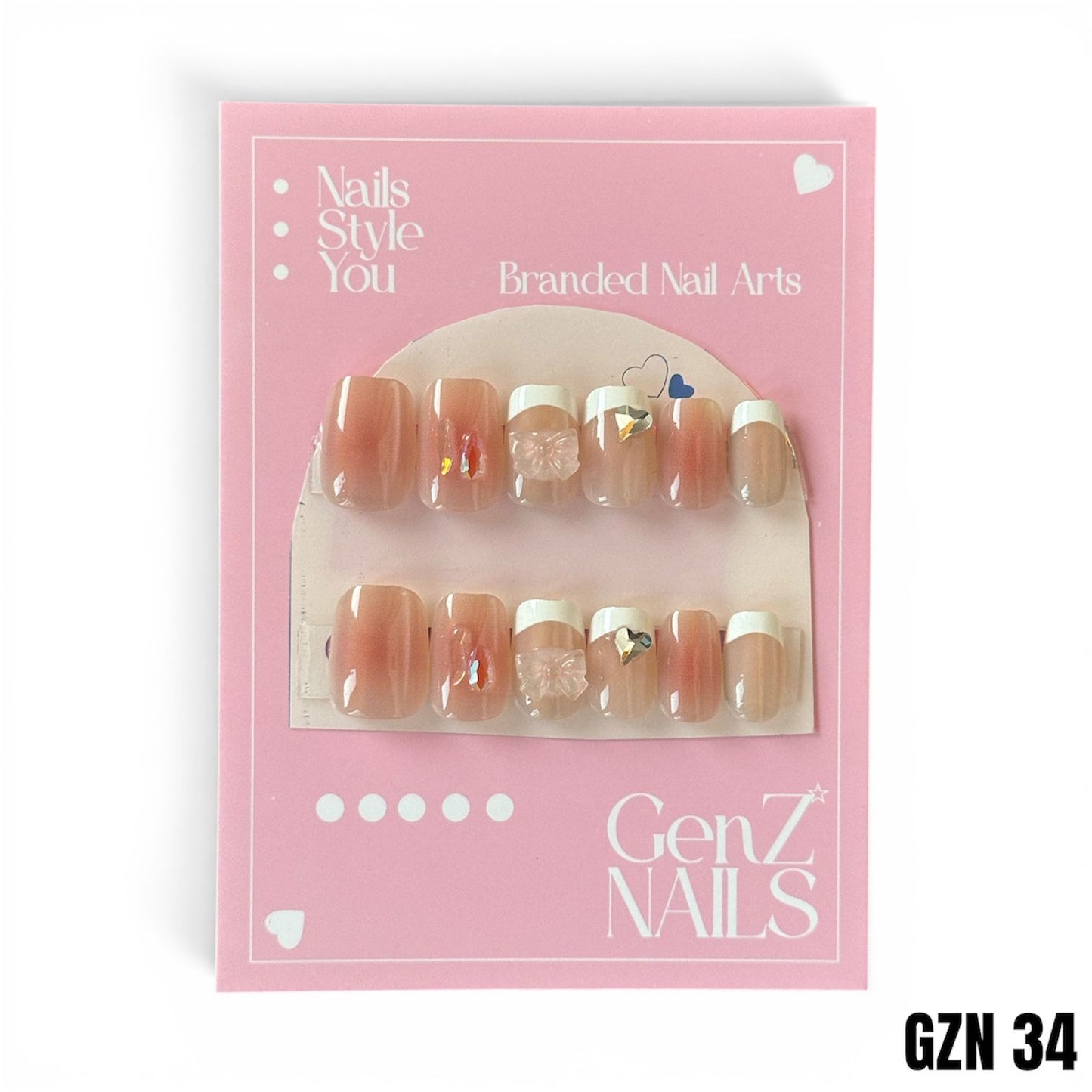 Blush Aura & 3D Crystal Art Nail Pack of 12 - GZN 34