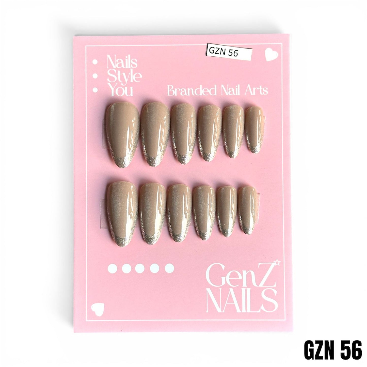 Frosted Taupe & Silver Glitter French - Nails Pack of 12 - GZN 56