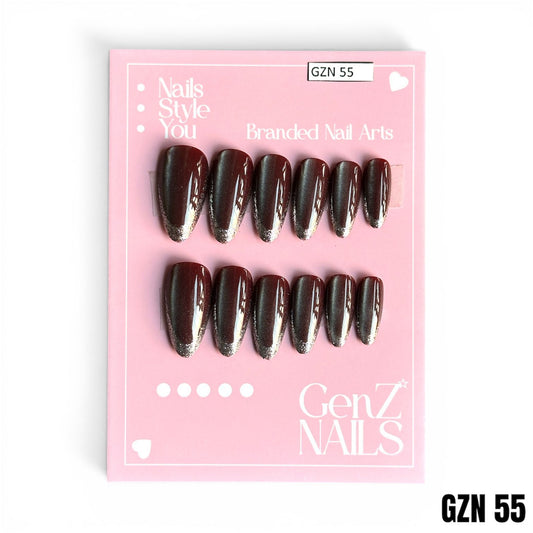 Deep Maroon & Silver Glitter French - Nails Pack of 12 - GZN 55
