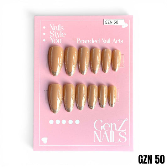 Nude & Silver Glitter French Almond - Nails Pack of 12 - GZN 50