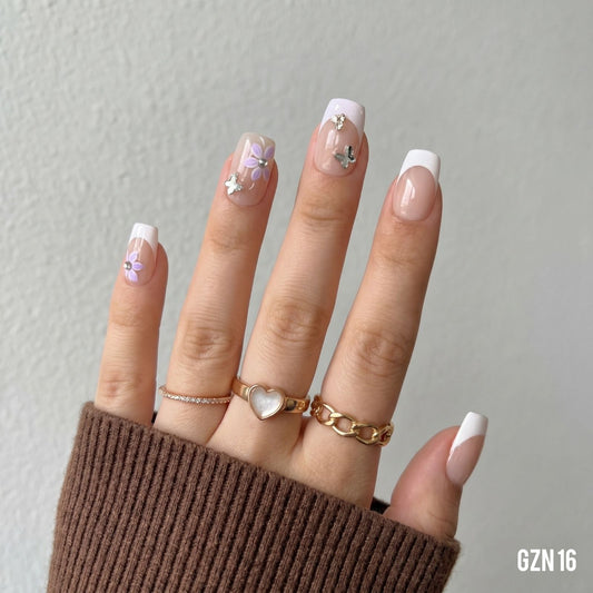 Elegant Floral French Nails Pack of 12 - GZN 16