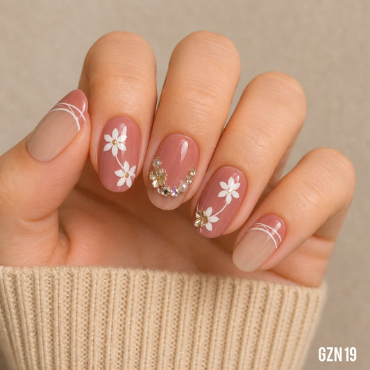 Elegant Blush Floral Nails Pack of 12 - GZN 19