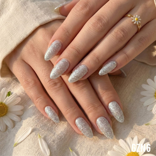 Silver Daisy Glitter Nails Pack of 12 - GZN 6